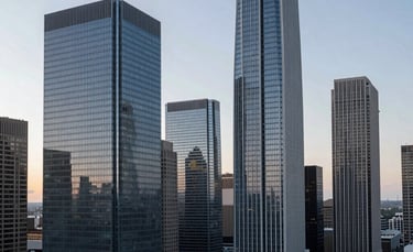 A professional high-angle shot of a modern financial district in a North American city during the morning, featuring sleek glass skyscrapers reflecting a pale blue-gray sky, conveying a sophisticated and trustworthy business atmosphere.