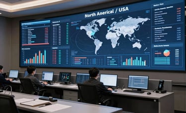 An interior shot of a sophisticated command center with digital screens showing global impact metrics, North American / US corporate style.