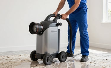 A professional restoration technician in a North American / US - Florida home using a large industrial water extraction vacuum on a wet carpet. The lighting is bright and clean, emphasizing a professional and modern service environment with a white and blue color palette.