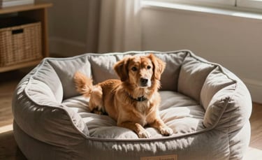A beautiful interior shot of a sunlit pet lounge with comfortable seating for owners and soft play mats for dogs, North American design style.