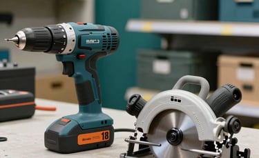 A high-quality studio photograph of professional-grade electric power tools, including a drill and a circular saw, laid out on a clean workbench. The lighting is bright and modern, featuring deep navy and teal accents in the background to match a professional hardware store atmosphere in Brazil.