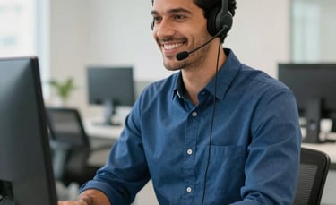 A professional South American male attendant wearing a modern headset, smiling warmly while working at a clean, white desk in a bright Brazilian office. The composition is a medium shot with a blurred office background, featuring colors like steel blue and off-white. Professional lighting.
