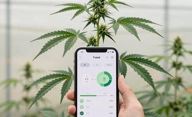 Professional photography of a healthy cannabis plant in a North American indoor greenhouse. A modern smartphone in the foreground displays a clean gardening app with progress charts. Lighting is bright and sterile, with a color palette of deep greens and light off-white.