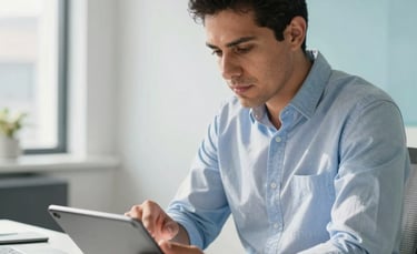 A professional Hispanic consultant in a modern, sunlit office in Mexico City, reviewing a digital marketing plan on a tablet. The setting is clean and professional with soft white and light blue accents.