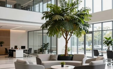 A modern North American office lobby with minimalist furniture and a large green plant, clean glass walls, bright and professional atmosphere, high-end photography.