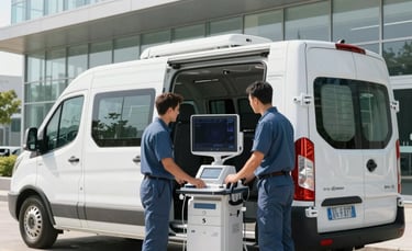 A wide-angle photograph of a pristine white medical transport van parked at a modern North American hospital's glass-walled loading bay. Bright, clean morning light shines on professional drivers in slate blue uniforms securing a high-tech ultrasound machine in a padded protective crate.