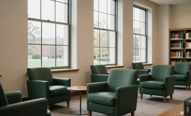 Interior photography of a North American / US library with large windows, Dark Green armchairs, and Cream walls, creating a serene and professional study space.