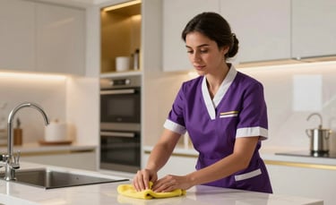 A professional female cleaner in a modern, purple and white uniform expertly cleaning a high-end, minimalist kitchen in an Al Ain villa. Soft natural light, luxury interior with gold accents, Middle Eastern / Gulf setting, sophisticated atmosphere.