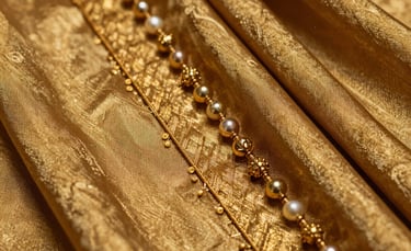 Extreme close-up photography of gold zari threads and beads on silk fabric, showing high-definition textures, South Asian / Indian craftsmanship.