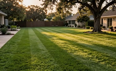 A wide-angle photography shot of a perfectly manicured green lawn with professional mowing stripes in a suburban North American / US (Texas) backyard. Warm golden-hour sunlight filters through the leaves of a large oak tree onto the lush turf. The composition is clean and modern, showcasing natural elegance.