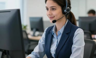 A professional tele-attendant in a modern Brazilian office setting, wearing a high-quality headset, smiling subtly while looking at a computer screen. The lighting is bright and clean. South America / Brasileiro atmosphere with steel blue and navy blue office accents.