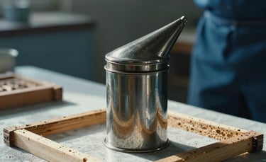 A professional close-up of beekeeping equipment including a metal smoker and wooden hive frames on a sunlit table in an Anatolian / Turkish rural setting, soft natural morning light, deep blue and light grey color tones.