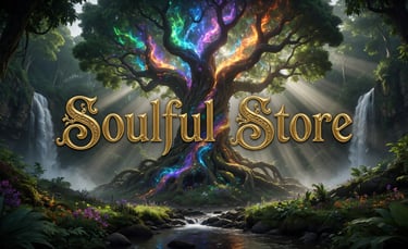 Soulful Store logo over a magical glowing fantasy tree of life with waterfalls and vibrant energy.