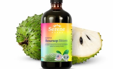 Serene Herbs Soursop Bitters bottle with a fresh graviola fruit for detox and gut health.