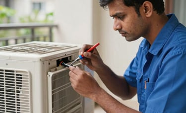 A professional South Asian technician in a blue uniform carefully inspecting a split air conditioning unit in a modern residential apartment in Noida. Natural daylight, close-up shot showing precision tools, clean and professional atmosphere.