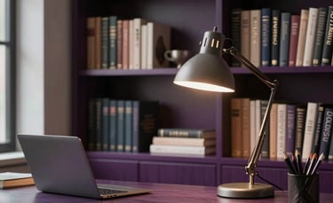 A sophisticated workspace in a North American setting. A tall bookshelf filled with books, a stylish desk lamp casting soft light, and deep purple accents in the decor.