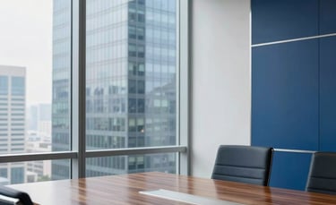 Clean, minimalist photography of a bright boardroom in a North American corporate skyscraper, featuring large glass windows, a polished wood table, and sleek Deep Blue and Platinum accents under soft morning light.