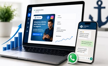 Una laptop mostrando una campaña, un celular con mensajes de WhatsApp y una gráfica de crecimiento.