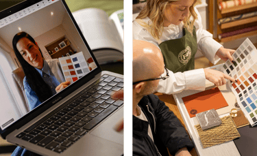 Professional interior designers using a laptop and paint swatches for a virtual home decor consultation.