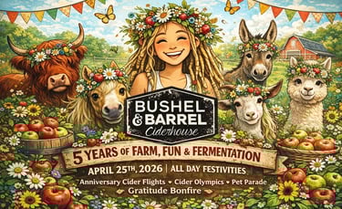 Poster for Bushel and Barrel Ciderhouse 5th anniversary festival featuring a girl and farm animals wearing flower crowns.