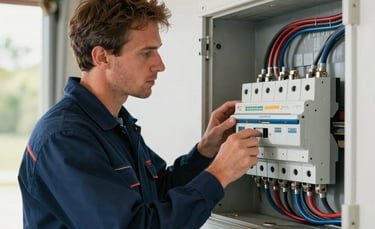 A professional electrician wearing a navy blue uniform inspecting a modern residential circuit breaker in a North American home garage. The lighting is clean and bright, showing the expert at work with a focused expression.