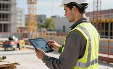 A skilled construction professional in high-visibility safety gear standing on a Central European urban construction site, holding a tablet showing a digital profile. Professional photography, bright natural daylight, reliable atmosphere.