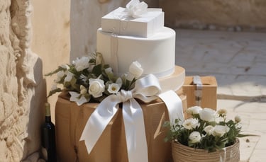 A beautifully wrapped wedding gift box adorned with olive leaves and a delicate wax fabric ribbon.
