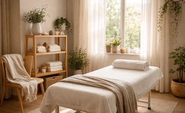 A soothing physiotherapy treatment room with soft natural light and calming earthy tones.