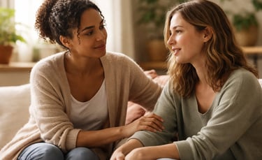 two woman sitting on a couch