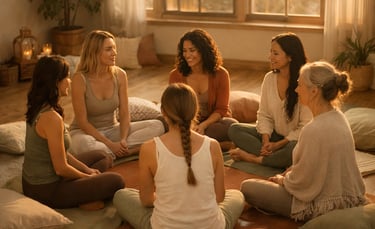 A group of diverse women sitting in a circle on cushions for a mindfulness meditation and wellness retreat.