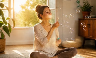 A smiling woman blowing bubbles in a sunlit living room with plants, creating a peaceful atmosphere.