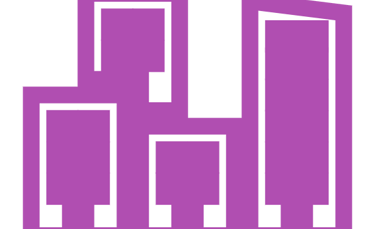 a purple cityscape with a tall building in the background
