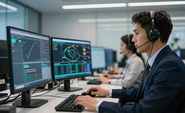 A high-tech, modern call center in a South American / Brazilian office. Professional attendants with headsets are monitoring digital screens displaying avionics data and flight paths. The lighting is clean and efficient with dark navy and light blue tones.