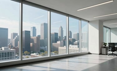 A clean, bright, professional office space in a North American city with floor-to-ceiling windows showing a skyline. The interior is modern with sky blue and white accents, soft natural morning light, and a minimalist aesthetic.