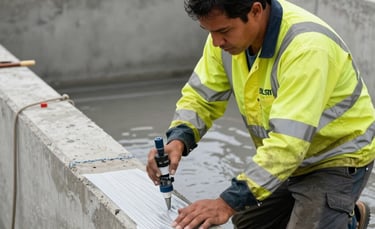 A professional South American / Brazilian technician in high-visibility gear meticulously applying a liquid waterproofing membrane to a large concrete foundation. Bright, clean construction environment, focused on the precision of the application, professional photography style.