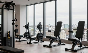 Photography of a minimalist, luxury gym interior in London. Large floor-to-ceiling windows with soft daylight. High-end weights and equipment in matte obsidian black and steel. No people. Clean, spacious, and performance-focused.