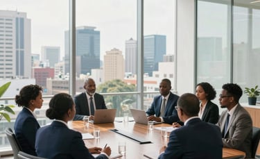 A wide-angle shot of a bright, modern corporate boardroom in a glass-walled skyscraper overlooking a Sub-Saharan Africa / Pan-African city skyline. A group of professionals in business attire are gathered around a wooden table. Soft morning lighting, professional atmosphere, using white and navy blue tones.