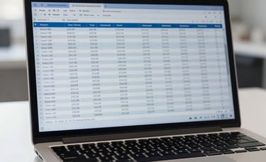 A close-up photograph of a professional laptop screen showing a detailed financial spreadsheet with complex formulas, set on a clean white desk in a bright office in Spain. The lighting is soft and natural, and the color palette features deep blue and light grey tones.