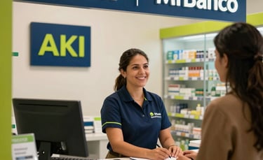 A professional and welcoming banking correspondent counter inside a modern pharmacy in Cali, Colombia. The counter features AKI and Mi Banco signage, with a helpful staff member in a neat uniform assisting a customer. The scene is illuminated with warm, natural light, using a palette of navy blue and apple green accents.