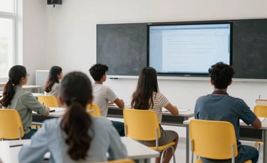 An interior photograph of a bright, modern South Asian classroom. The room features white walls, yellow accent chairs, and students focused on their smart-board screens. The lighting is clean and natural, emphasizing a productive and professional learning environment.