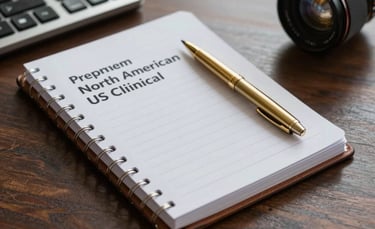 A close-up of a premium leather-bound clinical notebook on a dark wood table with a gold pen, North American / US clinical office.