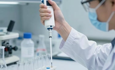 A high-detail photograph of a scientist in a sterile North American laboratory environment, focusing on a multi-channel pipette being used over a tray of test tubes. The lighting is bright and clean with frost white and light blue reflections on glass surfaces, emphasizing scientific precision.