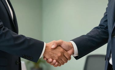 Detailed shot of two Latin American professionals shaking hands in a bright, modern office space with sage green walls and clean lines.