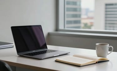 Clean, modern office desk with a laptop, a notebook, and a coffee mug, soft light through a window, organized and professional, in a high-rise Brazilian office building.