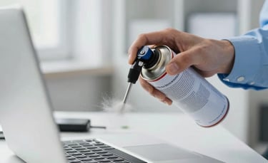 A close-up photograph of a professional technician in a bright, modern European office using a canister of compressed air to clean dust from the internal components of an open laptop. The lighting is clean and natural, highlighting the Cloud White and Light Blue Gray tones of the workspace.