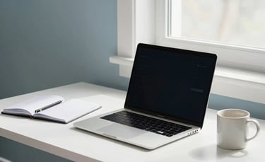 A bright, modern North American home office setup. A clean white desk holds a sleek laptop, a planner, and a ceramic mug. Soft natural light flows from a window, emphasizing a clean and organized atmosphere with light blue and soft gray accents.
