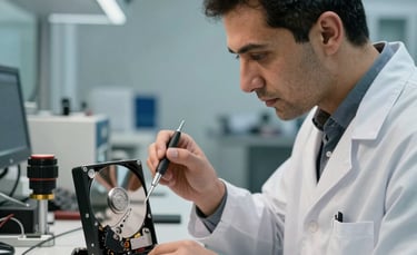 A professional technician wearing a white lab coat in a cleanroom environment, carefully inspecting an open hard drive with specialized tools. The lighting is modern with soft navy and white tones. Middle Eastern / Turkish professional setting.