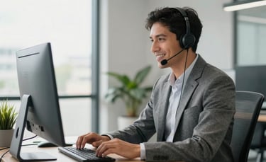 A focused professional in a modern South American office, wearing a high-quality headset and smiling while looking at a computer screen. Bright natural morning light, clean workstation with a small green plant, professional atmosphere.
