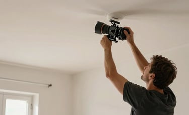 A professional photography shot of an artisan finishing a modern white drywall ceiling in a bright Southern European apartment, clean lines, professional equipment, warm natural light.