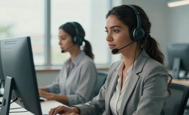 A professional South American / Brazilian woman wearing a headset in a modern, clean call center environment, soft sunlight coming through a large window in the background, professional and efficient atmosphere, muted blue and soft gray tones.